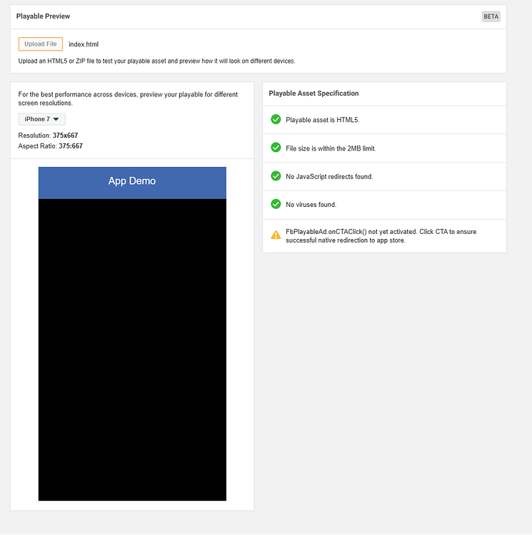 Black screen on Facebook playable ads manager Help & Support