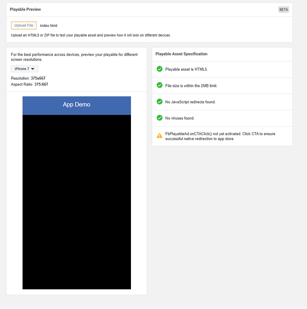 Black screen on Facebook playable ads manager Help & Support