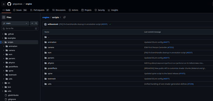 screenshot of github showing the scripts folder of the playcanvas engine project, containing folders for different premade scripts