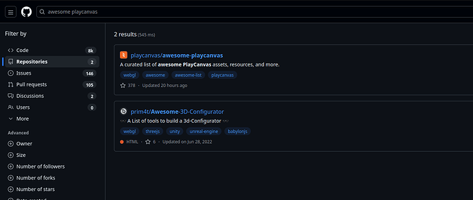 screenshot of github search showing only 2 repos in the results for searching "awesome playcanvas"